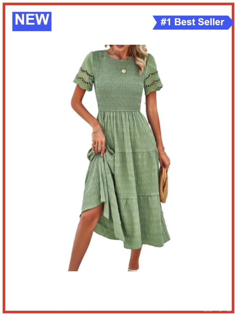 Women's Summer Midi Dress Short Sleeve Smocked Tiered Boho Beach Wedding Guest